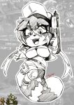 ailurid anuki baseball_cap beck_love big_breasts breasts chibi clothing fio_germi gun hat headgear headwear hi_res huge_breasts knee_pads looking_at_viewer mammal metal_slug open_mouth ranged_weapon red_panda rifle solo weapon