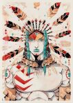  1boy absurdres aqua_eyes aqua_hair arm_tattoo armband braid chest_tattoo commentary english_commentary facepaint facial_mark feather_hair_ornament feathers hair_ornament headdress highres jojo_no_kimyou_na_bouken looking_at_viewer makeup male_focus muscular native_american painting_(medium) sandman_(sbr) solo steel_ball_run tattoo topless_male traditional_media twin_braids upper_body watercolor_(medium) xfkart 