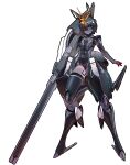  1boy absurdres advance_of_zeta ahoge arms_at_sides beam_rifle black_hair black_skin blue_eyes colored_skin energy_gun extra_legs full_body gundam hair_over_one_eye highres joints mecha_danshi mold_(pixiv6616319) otoko_no_ko robot_joints scar scar_on_face solo standing tr-6_woundwort v-fin weapon white_background 