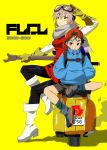  1boy 1girl backpack backwards_hat bag bandaid bandaid_on_face bandaid_on_forehead betti_(xx_betti) black_hair black_pants black_shorts black_socks blue_sweater boots copyright_name flcl gloves goggles goggles_on_head grey_scarf haruhara_haruko hat highres holding long_sleeves motor_vehicle nandaba_naota pants pink_hair puckered_lips red_hat rubber_gloves scarf scooter short_hair short_shorts shorts simple_background sitting socks sweater very_short_hair vespa white_boots yellow_background yellow_eyes 