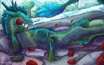 ambiguous_gender blue_body blue_fur blue_mane claws dragon feral flower fur furred_dragon furred_scalie green_body green_fur hesperius_(saber15) hi_res hollyvardia looking_at_viewer male_(lore) mane mythological_creature mythological_scalie mythology plant red_eyes rose_(flower) scalie solo white_claws