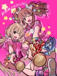  2girls betti_(xx_betti) blonde_hair blue_skirt bracelet brown_eyes brown_hair clothing_cutout drop_shadow futaba_anzu hair_bobbles hair_ornament halftone hand_up heisei_retro highres holding holding_microphone idolmaster idolmaster_cinderella_girls idolmaster_cinderella_girls_starlight_stage jewelry jojifuku layered_skirt long_hair looking_at_viewer low_twintails microphone miniskirt moroboshi_kirari multiple_girls one_eye_closed open_mouth pink_background pink_shirt print_shirt shirt short_sleeves shoulder_cutout simple_background skirt smile star_(symbol) twintails w yellow_skirt 