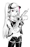  1girl absurdres assault_rifle belt blue_eyes commentary_request cowboy_shot desert_tech_mdr ear_protection f4_u girls&#039;_frontline gloves gun hat highres holding holding_gun holding_magazine_(weapon) holding_weapon long_hair looking_at_viewer magazine_(weapon) mdr_(ddos_attack_force)_(girls&#039;_frontline) mdr_(girls&#039;_frontline) multicolored_hair navel official_alternate_costume open_mouth pants pink_hair ponytail rifle russian_commentary simple_background smile solo spot_color stomach streaked_hair weapon white_background 