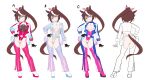  1girl absurdres animal_ears ass black_gloves blue_eyes bow breasts brown_hair chaps full_body gloves hair_bow highleg highleg_leotard highres holographic_clothing horse_ears horse_girl horse_tail iridescent jacket leotard long_hair multicolored_hair multicolored_jacket nipple_piercing nipples piercing pink_bow platform_heels ponytail pussy pussy_piercing race_queen streaked_hair tail tokai_teio_(umamusume) two-tone_hair ugohato umamusume white_hair 
