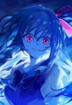  1girl amana_(pocketkey) blue_theme bow bowtie eyelashes grin hair_intakes hair_ornament highres hoshino_ruby long_hair looking_at_viewer oshi_no_ko pink_eyes short_sleeves smile solo teeth upper_body 
