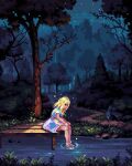  1girl absurdres blonde_hair bush dark dock dress forest from_side full_body grass highres light_particles nature night original outdoors path pixel_art plant rock scilex sitting sky solo star_(sky) stream tree water 