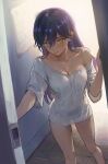  1girl absurdres bare_legs black_hair blush bottomless breasts cleavage closed_mouth collarbone dark-skinned_female dark_skin door doorway gundam gundam_gquuuuuux highres kryp132 long_hair looking_at_viewer medium_breasts naked_shirt nyaan_(gundam_gquuuuuux) off_shoulder open_door opening_door oversized_clothes oversized_shirt pov pov_doorway see-through_silhouette shirt white_shirt yellow_eyes 