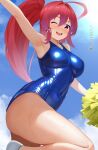  1girl ahoge armpits blue_sky blush breasts cheerleader dorachan_r hair_ribbon highres i-168_(kancolle) kantai_collection long_hair looking_at_viewer medium_breasts one-piece_swimsuit open_mouth ponytail red_eyes red_hair ribbon school_swimsuit sky smile solo standing standing_on_one_leg sweat swimsuit thighs twitter_username 