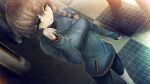  1girl 2others amane_suzuha bike_shorts blue_jacket braid breasts brown_hair crying crying_with_eyes_open dutch_angle finger_to_face from_above game_cg hair_between_eyes hair_tie high_collar highres huke jacket light_blush long_sleeves looking_at_viewer medium_breasts multiple_others official_art open_mouth ringed_eyes sad sleeves_past_wrists solo square_pupils standing steins;gate tearing_up tears tile_floor tiles track_jacket twin_braids twintails yellow_eyes zipper zipper_pull_tab 