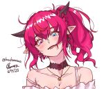  absurdres bachunawa bare_shoulders blue_eyes blush breasts cleavage collarbone dated fangs highres hololive hololive_english irys_(hololive) long_hair purple_eyes purple_hair red_hair saliva side_ponytail simple_background skin_fangs twitter_username upper_body virtual_youtuber white_background 