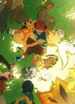  3girls 4boys absurdres alolan_vulpix ash_ketchum blue_hair blue_shoes bracelet coat commentary_request flower grass hair_flower hair_ornament hat highres jewelry kiawe_(pokemon) korean_commentary lana_(pokemon) lillie_(pokemon) litten lycanroc lycanroc_(dusk) mallow_(pokemon) multiple_boys multiple_girls outdoors pants pikachu pink_flower pokemon pokemon_(anime) pokemon_(creature) pokemon_on_arm pokemon_sm_(anime) popplio professor_kukui red_hat rowlet sandals sangrokei shadow shirt shoes short_sleeves sleeveless sleeveless_shirt sophocles_(pokemon) steenee t-shirt togedemaru turtonator z-ring 