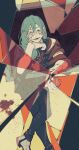  1boy black_pants black_shirt blood blue_eyes cursed_spirit_(jujutsu_kaisen) double-parted_bangs film_grain hair_between_eyes head_rest heterochromia highres jujutsu_kaisen long_hair mahito_(jujutsu_kaisen) male_focus mim_(mimya0600) open_mouth palmar_flexion pants shirt shoes smile solo standing stitched_arm stitched_face stitched_wrist stitches white_shoes yellow_eyes 