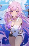  1girl absurdres arms_behind_back bell black_shorts blue_sky breasts chinese_commentary cleavage commentary_request corset elysia_(herrscher_of_human:_ego)_(honkai_impact) elysia_(honkai_impact) highres honkai_(series) honkai_impact_3rd large_breasts long_hair looking_at_viewer micro_shorts ni_shang purple_hair shorts sky smile solo thighs triquetra very_long_hair white_corset 