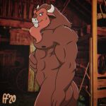2020 2_horns abs anthro biped bison bovid bovine brown_body brown_fur buffalo_bull_(moo_mesa) butt closed_smile digital_media_(artwork) fabfelipe fur hand_on_belly hi_res horn male mammal mouth_closed muscular muscular_anthro muscular_male nipples nude_anthro nude_male pecs side_view smile solo wild_west_c.o.w.-boys_of_moo_mesa