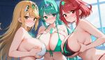  3girls aegis_elysium ai-generated bikini blush breasts breasts_squeezed_together cleavage core_crystal day dress earrings elbow_gloves gem gloves grabbing_another&#039;s_breast green_eyes green_hair groping hair_ornament headpiece holding huge_breasts indoors jewelry large_breasts long_hair looking_at_viewer multiple_girls mythra_(xenoblade) navel nintendo pneuma_(xenoblade) ponytail pyra_(xenoblade) red_eyes standing swept_bangs swimsuit third-party_edit tiara trio_focus very_long_hair water watermark window xenoblade_chronicles_(series) xenoblade_chronicles_2 yellow_eyes 