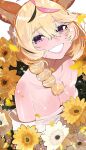 animal_ear_fluff animal_ears bare_shoulders black_hair blonde_hair breasts cleavage closed_mouth dress flower hair_ornament hair_over_shoulder highres hololive long_hair mark_under_eye medium_breasts multicolored_hair omaru_polka pink_hair pink_lips purple_eyes smile strapless strapless_dress streaked_hair virtual_youtuber yellow_flower yuuppi 