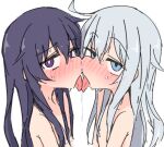  2girls ahoge akatsuki_(kancolle) ame_(amechan17391739) blue_eyes blush french_kiss full-face_blush hair_between_eyes hibiki_(kancolle) kantai_collection kiss long_hair multiple_girls purple_eyes purple_hair saliva saliva_trail simple_background sketch tongue tongue_out white_background white_hair yuri 