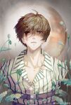  1boy ahoge alternate_universe belt belt_buckle black_belt black_eyes bleeding blood blood_from_eyes blood_on_face bound bound_arms brown_hair buckle bud collarbone collared_shirt dao_gui_yi_xian flower highres hospital_gown injury leaf li_huowang li_huowang_(modern_world) looking_at_viewer male_focus official_alternate_costume official_alternate_hair_length official_alternate_hairstyle parted_lips plant r-jiutian restrained scar scar_on_face shirt short_hair solo striped_clothes striped_shirt teeth upper_body vertical-striped_clothes vertical-striped_shirt watermark weibo_watermark white_shirt 