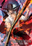  1boy bat_(animal) beard black_cape black_hair black_hat cape closed_mouth commentary_request copyright_name cowboy_shot dracule_mihawk facial_hair fire glint hat hat_feather high_collar highres holding holding_sword holding_weapon jewelry lack male_focus mustache official_art one_piece one_piece_card_game pendant shirt short_hair sideburns solo sword weapon white_shirt yellow_eyes 