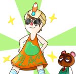 2019 animal_crossing animated anthro arms_bent blue_eyes blue_stripes brown_body brown_fur brown_hair brown_markings canid canine closed_frown closed_smile clothed clothed_anthro clothed_human clothed_male clothing colored cookieboy011 dialogue digital_drawing_(artwork) digital_media_(artwork) dress duo english_description english_text eyewear facial_markings fingers fist footwear frown fur green_clothing green_topwear green_vest hair half-closed_eyes hands_on_own_hips head_markings headgear headwear human legwear looking_at_another low-angle_view male male_anthro male_human mammal markings mouth_closed mouthless narrowed_eyes necktie nintendo no_pupils not_furry_focus orange_clothing orange_dress pattern_clothing pattern_footwear pattern_legwear pattern_socks pen_in_pocket pink_inner_ear pockets raccoon_dog red_necktie red_nose religious_clothing religious_headwear short_hair simple_background smile socks sparkles standing story story_in_description striped_clothing striped_footwear striped_socks stripes sunglasses tan_body tan_skin tanuki text text_on_clothing text_on_dress tom_nook_(animal_crossing) topwear triangle_nose turban vest villager_(animal_crossing) white_clothing white_dress_shirt white_eyewear white_footwear white_socks white_sunglasses