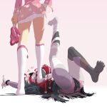  2girls ass bandaged_leg bandages barefoot cherry_blossom_print colored_skin commentary double_bun dress english_commentary floral_print floral_print_dress floral_print_sleeves foot_on_head gastornis_kfp grey_hair grey_skin hair_bun heart highres holding holding_shoes holding_unworn_clothes hololive hololive_indonesia kureiji_ollie kureiji_ollie_(1st_costume) multicolored_hair multicolored_skin multiple_girls official_alternate_costume panties patchwork_skin perfume_(takanashi_kiara) pink_dress pink_hair pink_sleeves print_dress red_hair shoes simple_background socks stepped_on stitched_leg stitches takanashi_kiara takanashi_kiara_(perfume) torn_clothes torn_dress torn_panties two-tone_skin underwear unworn_shoes virtual_youtuber white_background white_socks zombie 