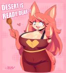 absurd_res anthro apron apron_only big_breasts bodily_fluids breasts canid canine canis cellulite cleavage clothed clothing conductor&#039;s_wife_(sonic) corby_schmorby curvy_figure cutlery domestic_dog eyelashes eyeshadow female hair hi_res huge_breasts kitchen_utensils lipstick long_hair makeup mammal mature_female navel sega solo sonic_the_hedgehog_(series) spoon sweat sweaty_breasts the_murder_of_sonic_the_hedgehog thick_thighs tools voluptuous voluptuous_female