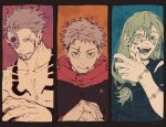  3boys arm_up black_border black_jacket black_shirt blue_eyes body_markings border brown_hair collarbone cursed_spirit_(jujutsu_kaisen) double-parted_bangs extra_eyes facial_mark finger_to_mouth green_hair grin hair_between_eyes heterochromia high_collar highres itadori_yuuji jacket jujutsu_kaisen long_hair looking_at_viewer mahito_(jujutsu_kaisen) male_focus mim_(mimya0600) multiple_boys open_mouth own_hands_together pectorals red_eyes ryoumen_sukuna_(jujutsu_kaisen) sanpaku scar scar_on_face shirt short_sideburns smile stitched_arm stitched_face stitched_mouth stitched_wrist stitches teeth tongue tongue_out topless_male upper_body yellow_eyes 