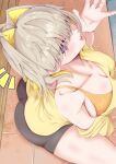 1girl :3 absurdres ahoge ass blonde_hair breasts collarbone elegg_(nikke) fang goddess_of_victory:_nikke highres large_breasts looking_at_viewer nama_sirasu purple_eyes shirt short_hair solo tile_floor tiles yellow_shirt yoga_shorts 