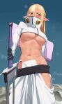  1girl bleach blonde_hair blue_sky breasts cosplay cropped_jacket dark_skin elf highres hip_vent holding holding_sword holding_weapon hololive jacket large_breasts long_hair navel orange_eyes outdoors pointy_ears shiranui_flare sky solo sweat sword tier_harribel tier_harribel_(cosplay) underboob uzuradobin virtual_youtuber weapon white_jacket 