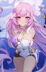  1girl absurdres arms_behind_back bell black_shorts blue_sky breasts chinese_commentary cleavage commentary_request corset elysia_(herrscher_of_human:_ego)_(honkai_impact) elysia_(honkai_impact) highres honkai_(series) honkai_impact_3rd large_breasts long_hair looking_at_viewer micro_shorts ni_shang purple_hair shorts sky smile solo thighs triquetra very_long_hair white_corset 