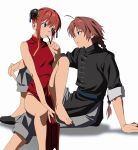  1boy 1girl ahoge barefoot betti_(xx_betti) black_shoes braid brother_and_sister brown_hair bun_cover china_dress chinese_clothes dress flats gintama grey_pants highres kagura_(gintama) kamui_(gintama) long_hair looking_at_another pants pelvic_curtain purple_eyes red_dress shoes short_hair siblings simple_background single_braid sitting sitting_on_lap sitting_on_person sleeveless sleeveless_dress tangzhuang white_background 