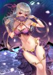  1girl armlet bangle bangs bare_shoulders bikini blush bracelet breasts chiachun0621 detached_sleeves earrings fate/grand_order fate_(series) floating_hair hair_between_eyes hair_ribbon hands_up highres jewelry kama_(fate/grand_order) large_breasts long_hair looking_at_viewer multiple_rings navel night open_mouth outdoors purple_bikini red_eyes ribbon silver_hair smile solo stomach swimsuit thighlet veil 