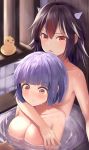  2girls :&gt; alternate_breast_size bangs black_hair blunt_bangs breasts closed_mouth fang fingernails highres horns indoors kijin_seija kkkk12103 large_breasts medium_hair multicolored_hair multiple_girls nude parted_lips purple_hair red_eyes red_hair rubber_duck shared_bathing short_hair streaked_hair sukuna_shinmyoumaru touhou water wet white_hair 