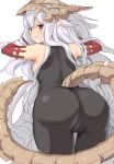  1girl ass back bangs bare_shoulders black_bodysuit blush bodysuit breasts elbow_gloves gloves granblue_fantasy headpiece long_hair looking_at_viewer looking_back medusa_(shingeki_no_bahamut) open_mouth pointy_ears red_eyes red_gloves shingeki_no_bahamut shiseki_hirame silver_hair simple_background tail thighs very_long_hair white_background 