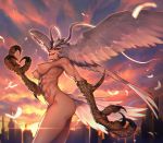  1girl abs angel_wings ass breasts cityscape claws devilman feathered_wings feathers grey_hair harpy head_wings highres monster_girl nude siren_(devilman) smile solo tail_feathers talons tarantulaines wings 