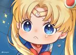  1girl :&lt; artist_name bangs bishoujo_senshi_sailor_moon blonde_hair blue_eyes blue_sailor_collar blush chibi choker closed_mouth commentary crescent crescent_earrings derivative_work diadem earrings eyelashes hair_over_shoulder heart heart_choker jewelry jiyuu_(xjuyux) long_hair meme parted_bangs raised_eyebrows red_choker sailor_collar sailor_moon sailor_moon_redraw_challenge screencap_redraw solo sparkle twintails upper_body 