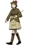  1girl absurdres anyan_(jooho) black_footwear brown_hair brown_headwear brown_jacket brown_legwear full_body green_eyes hat highres holding jacket kilt kneehighs long_sleeves military military_rank_insignia military_uniform original plaid shoes simple_background solo tam_o&#039;_shanter uniform walking white_background world_war_i 