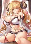  1girl ahoge anila_(granblue_fantasy) bangs bare_shoulders belly_chain bikini blonde_hair blush breasts cleavage collarbone detached_sleeves draph granblue_fantasy highres himuro_shunsuke horns jewelry large_breasts long_hair looking_at_viewer open_mouth sheep_horns short_eyebrows sitting smile swimsuit thighs very_long_hair wariza white_bikini wide_sleeves yellow_eyes 