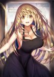  1girl :d apron bangs bare_shoulders black_apron blonde_hair blush breasts brown_eyes eyebrows_visible_through_hair hair_between_eyes highres indoors long_hair looking_at_viewer megido72 nidaime_(doronbo) open_mouth original sidelocks smile solo very_long_hair 