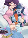  2girls amamo_(pokemon) anal_beads areolae bar_censor blue_skin blush boris_(noborhys) braid breast_grab breasts censored commentary_request dildo fingering glasses grabbing helmet highres multiple_girls nipples open_mouth orange_hair pink-framed_eyewear pokemon pokemon_(game) pokemon_usum pussy_juice saliva sex_toy spread_legs teeth textless tied_hair tongue vaginal white_censor_bar wicke_(pokemon) yuri 