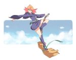  1girl amanda_o&#039;neill broom broom_riding closed_mouth commentary dress english_commentary green_eyes little_witch_academia long_sleeves looking_at_viewer multicolored_hair orange_hair purple_dress red_hair sash short_dress short_hair simple_background smile solo two-tone_hair vins-mousseux wide_sleeves 