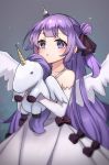  1girl azur_lane bangs bare_shoulders blush bow brown_bow brown_ribbon collarbone commentary detached_sleeves dress eyebrows_visible_through_hair feathered_wings grey_background hair_bun hair_ribbon halterneck holding holding_stuffed_animal long_sleeves miya_(miyaruta) one_side_up parted_lips purple_eyes purple_hair ribbon side_bun sleeves_past_wrists solo sparkle stuffed_alicorn stuffed_animal stuffed_toy unicorn_(azur_lane) white_dress white_sleeves white_wings wings 