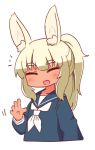  1girl :d ^_^ animal_ear_fluff animal_ears bangs blonde_hair blue_sailor_collar blue_shirt blush bunny_ears closed_eyes collarbone cropped_torso eyebrows_visible_through_hair facing_viewer hand_up long_hair long_sleeves masurao_(sekaiju) naga_u neckerchief open_mouth ponytail sailor_collar school_uniform sekaiju_no_meikyuu sekaiju_no_meikyuu_5 serafuku shirt sidelocks smile solo thick_eyebrows upper_body white_neckwear 