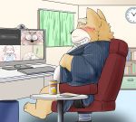  2020 anthro belly blood blush bodily_fluids brown_body brown_fur canid canine canis chair clothing computer domestic_dog fur furniture group inside kemono male mammal nosebleed overweight overweight_male robe sitting toshi_(artist) 