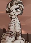  bandage black_mane equid equine fallout_equestria female feral hi_res looking_back mammal mane multicolored_mane my_little_pony scar solo striped_body stripes teal_eyes white_body white_mane whitepone xenith_(fallout_equestria) zebra 