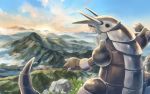  aggron aqua_sclera black_eyes cloud commentary_request day gen_3_pokemon highres horns mountain no_humans ohdon open_mouth outdoors pokemon pokemon_(creature) rock sky solo standing sun 