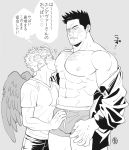  2boys bara beard body_hair boku_no_hero_academia bulge chest facial_hair feathered_wings greyscale hand_on_another&#039;s_penis hawks_(boku_no_hero_academia) licking male_focus male_underwear manly monochrome multiple_boys muscle mustache nipple_licking nipples partially_undressed pectorals redjack_036 scar size_difference speech_bubble spiked_hair todoroki_enji tongue tongue_out underwear undressing_another upper_body wings yaoi 