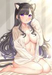  1girl :o animal_ears bare_legs barefoot black_hair breasts cat_ears cat_girl cat_tail cleavage collarbone extra_ears highres large_breasts long_hair long_sleeves looking_at_viewer mizukoshi_(marumi) naked_shirt navel open_clothes open_shirt original parted_lips purple_eyes shirt sidelocks sitting solo stomach tail very_long_hair white_shirt 