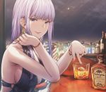  1girl alcohol alexandra_(suzuame_yatsumi) bangle bangs bar bare_shoulders blue_dress blue_eyes blush bottle bracelet breasts commission dress earrings elbow_rest glass halter_dress ice indoors ivris jewelry large_breasts lavender_hair long_hair looking_at_viewer night o-ring original red_nails ring smile solo 