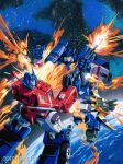  autobot blue_eyes cannon commission decepticon fighting fire looking_to_the_side marble-v mecha no_humans optimus_prime planet shoulder_cannon soundwave space transformers visor watermark 